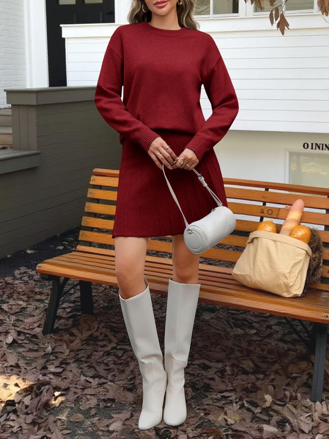  Womens 2 Piece Skirt Sets Pullover Sweaters Pleated Mini Skirt Fall Winter Knit Trendy Sweater Sets thumbnail