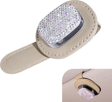 Sunglasses Holders for Car Sun Visor, Bling Magnetic Leather Glasses Holder, Multifunctional Leather Storage Organizer, Fashionable Diamond-encrusted Decoration, Durable Accessory for All Beige