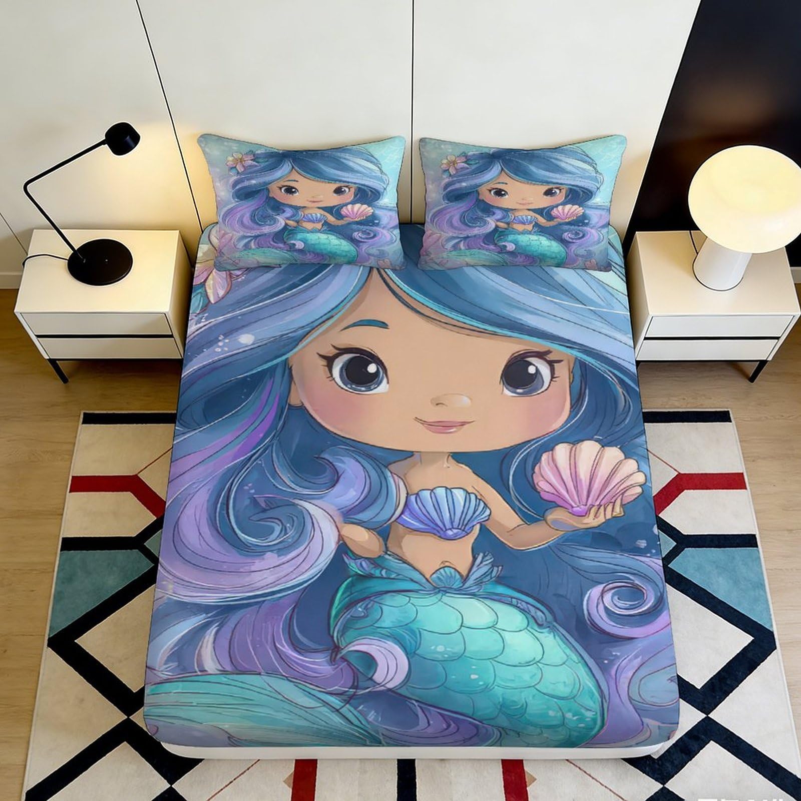 3D Printed Mermaid Fantasy Fitted Sheet Microfiber Soft Pastel Cartoon Mattress Cover for Bedroom Dorm Decor 90x200x25cm