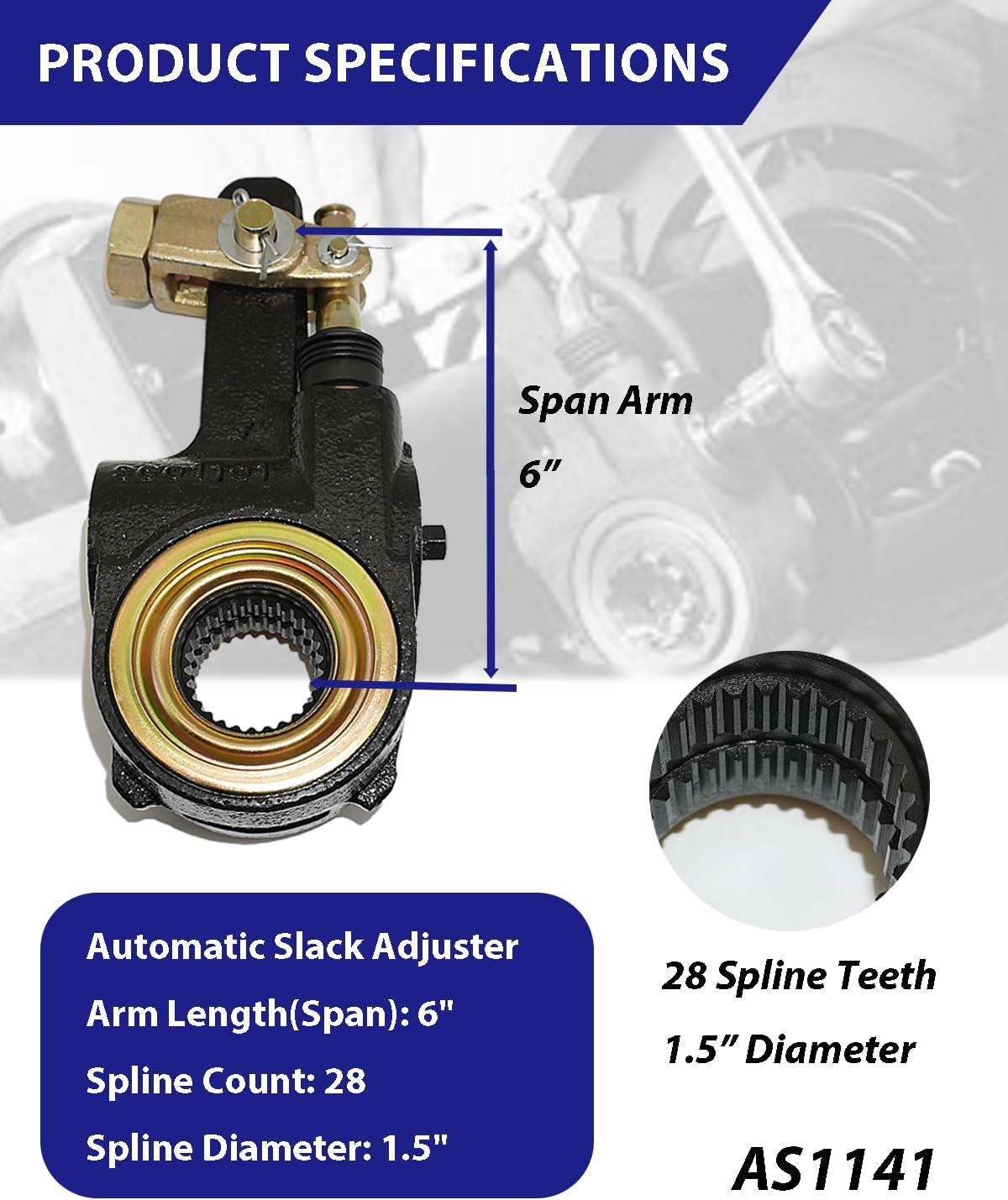 4-Pack AS1141 Automatic Brake Slack Adjuster - 1.5" Diameter | 28 Spline Teeth | 6" Lever w/Lock Clevis - Replaces Meritor R803112 R801074, Accuride Gunite Freightliner Mack 1141