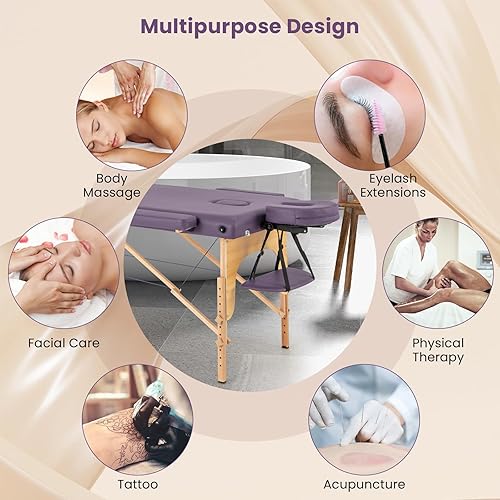 Miniatura 9 de Giantex Mesa de masaje, cama de masaje portátil con funda de transporte, 2 secciones de salón de spa, cama de tatuaje de cuidado facial, altura
