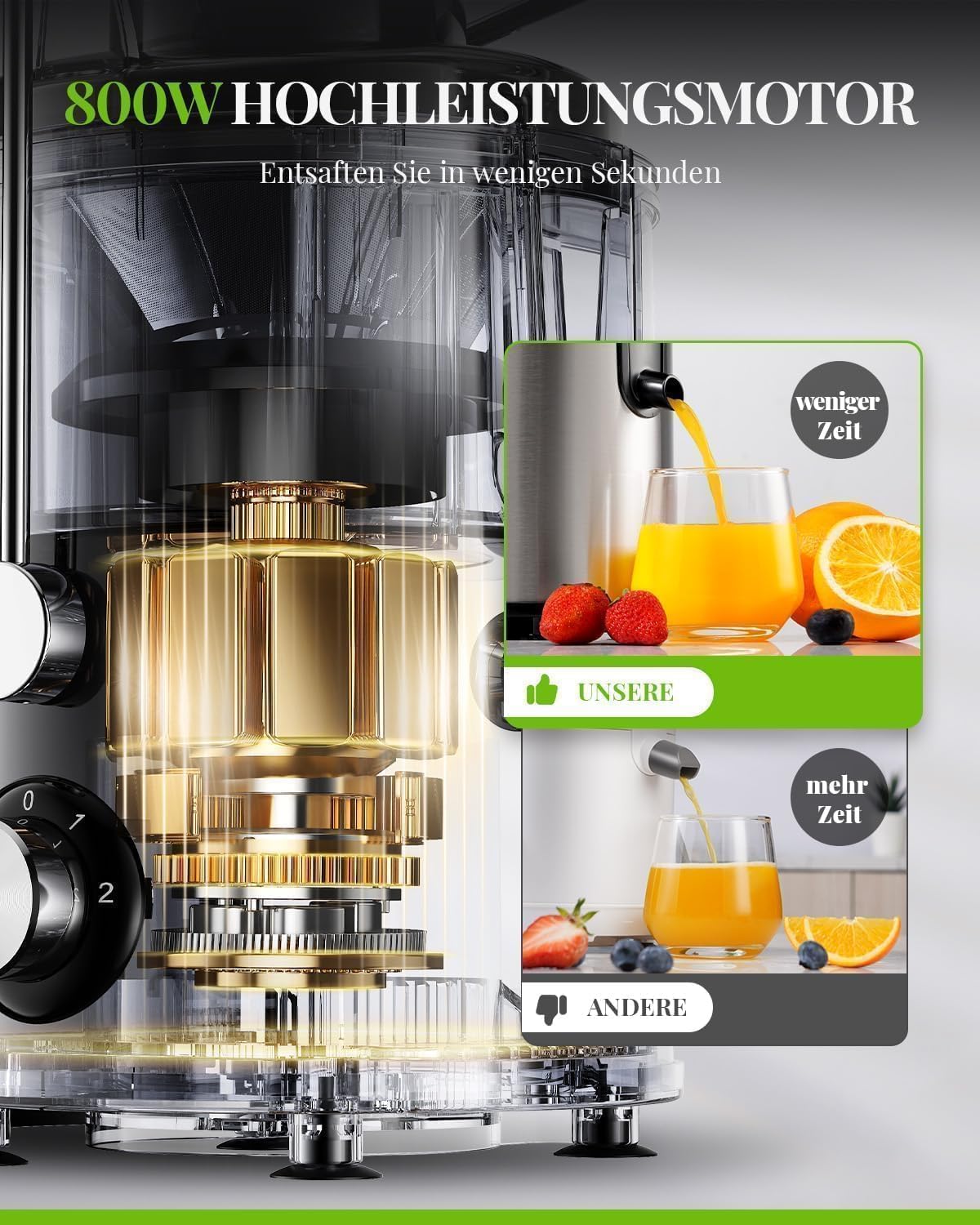 GDOR 800W Entsafter Juicer Machine aus Edelstahl 76mm Großem Mund Entsafter Gemüse und Obst 3 Geschwindigkeitsstufen Juicer Schnelles Entsaften Leicht zu Reinigen Zentrifugaler mit Bürste BPA-frei