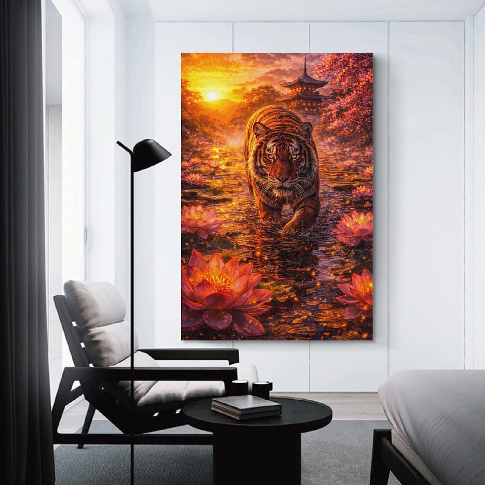 Junmoney Tiger in A Lotus Pond at Sunset Canvas Wall Decor, 20x30inch(50x75cm), for Lounge Decor, Bedroom Walls Or Flats, Eye Catching Artwork for Blank Walls