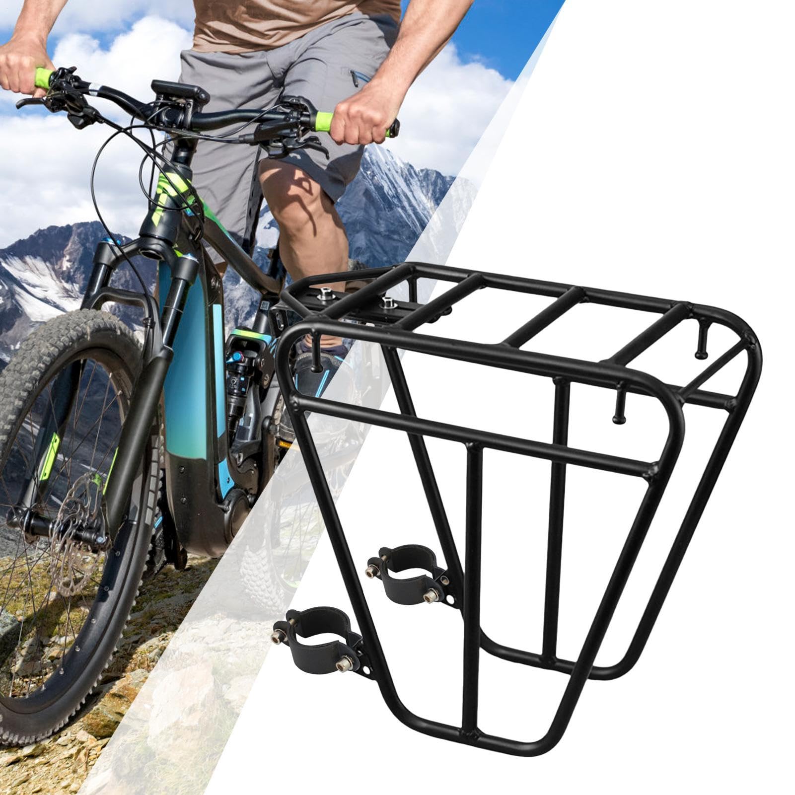 Generico Portapacchi Anteriore per Bici - Portabagagli da Viaggio - Portapacchi da Ciclismo in Acciaio Nero con Capacità di 25 kg