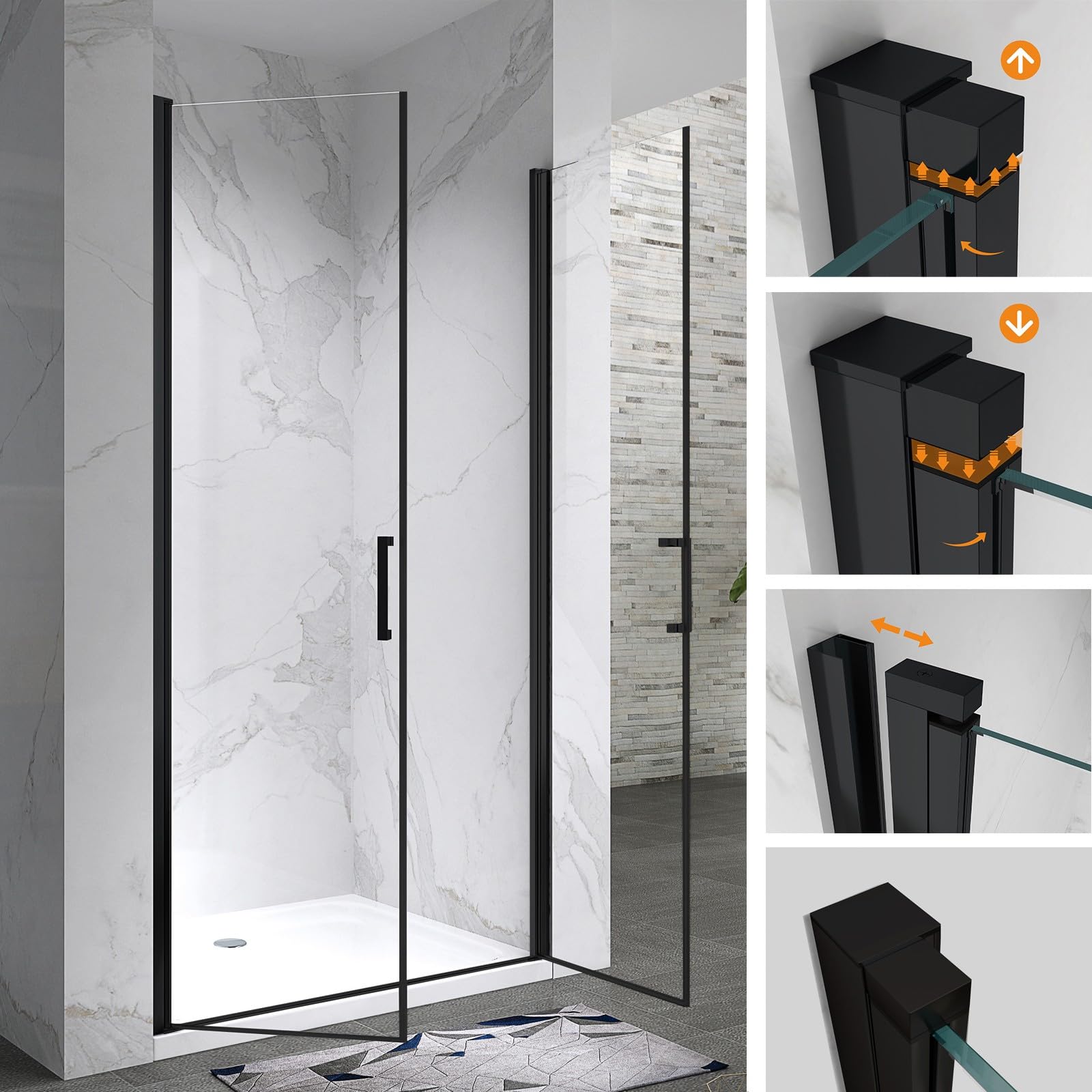 KAYA-BLACK Porte de douche H. 195 cm, largeur réglable 77-80 cm, verre transparent anticalcaire