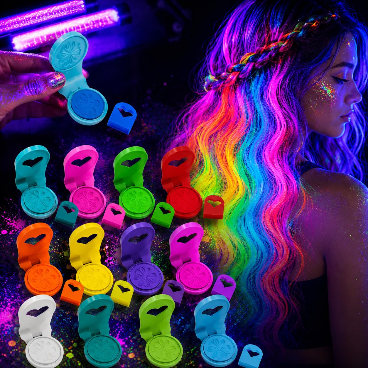 Gessetti Capelli UV Neon 12 Colori – Fluorescente con Luce Nera, Lavabile con Acqua, Delicata con Profumo Fruttato, Festival, Carnevale, Halloween, Bambini e Adulti