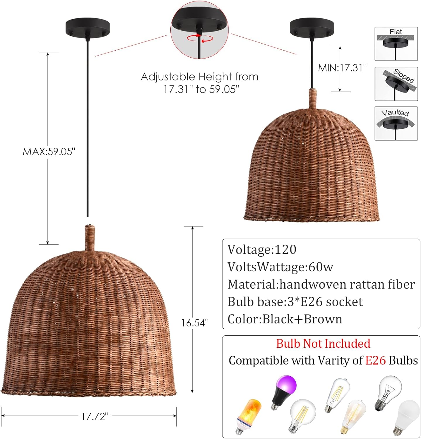HUEHENGHAO Dark Brown Rattan Pendant Light, 3-Light Large Woven Pendant Hanging Light Natural Basket Chandelier Farmhouse Bamboo Pendant Lighting for Dining Living Bedroom Kitchen Famhouse