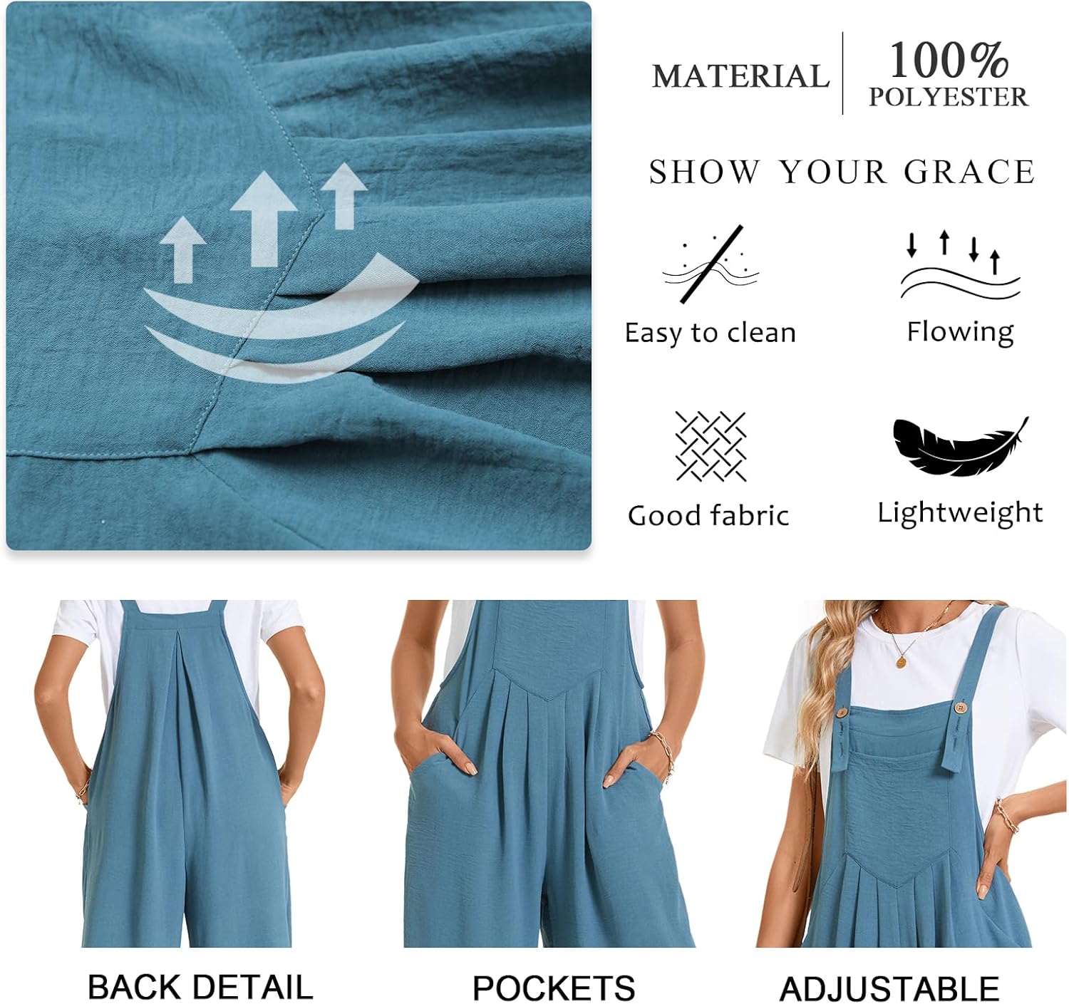 TAOHUADAO Womens Adjustable Jumpsuits Casual Wide Leg Overalls Summer Boho Sleeveless Loose Rompers with Pocket - Image 5