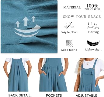 TAOHUADAO Womens Adjustable Jumpsuits Casual Wide Leg Overalls Summer Boho Sleeveless Loose Rompers with Pocket, Blue Green, Small