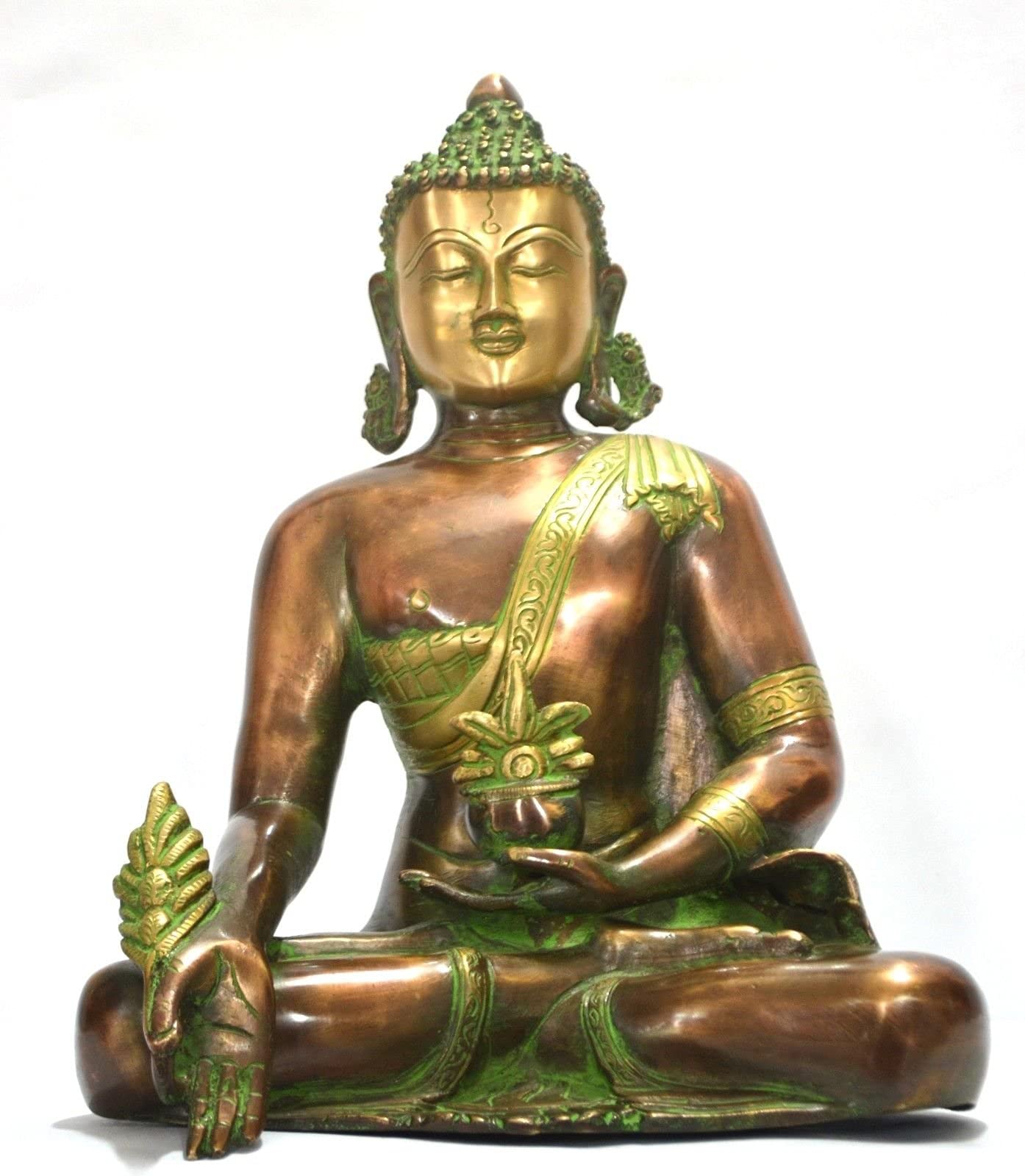 Estatua de Buda, escultura medicinal grande de 11 pulgadas en bronce antiguo, acabado de cobre, decoración budista tallada china tibetana