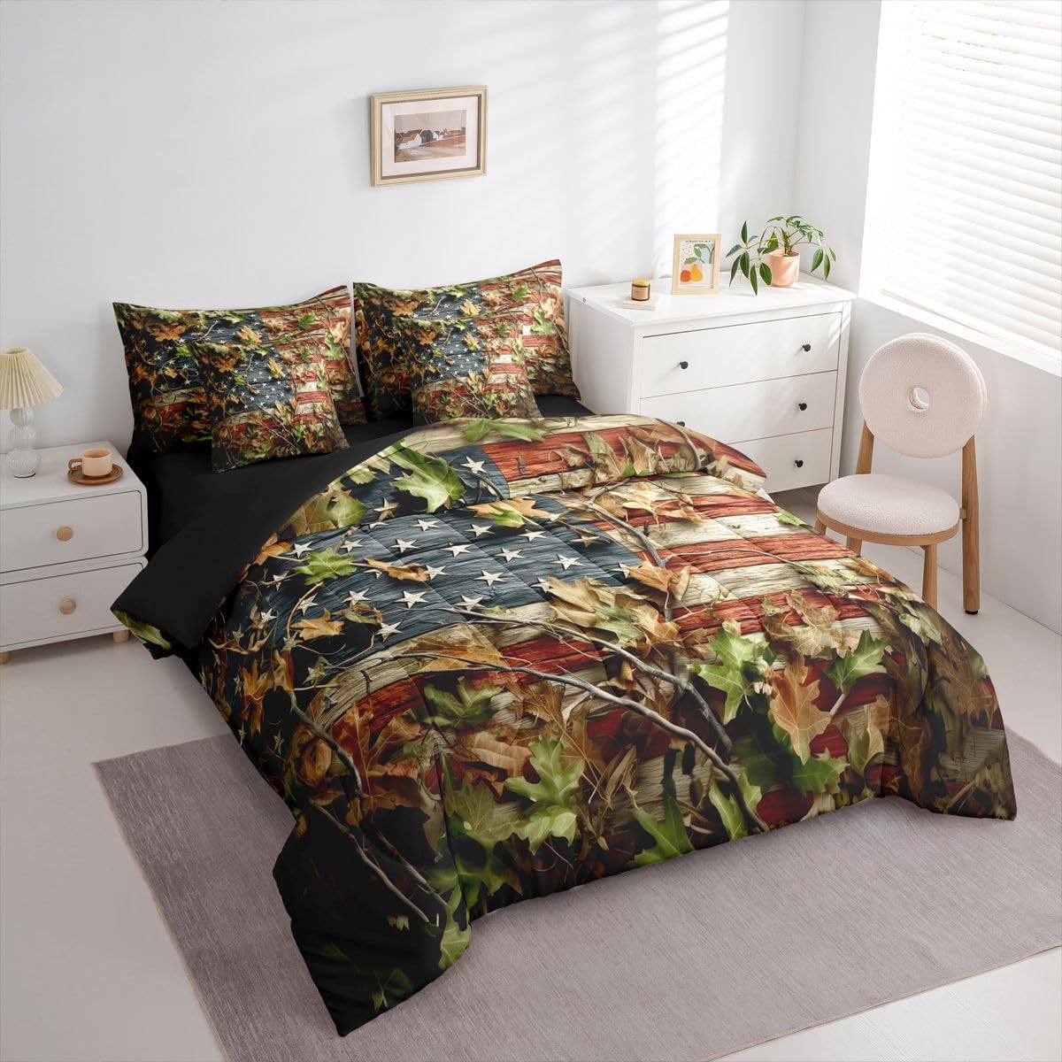 Feelyou Camouflage Camo Comforter Set Queen Size 7 Pieces Vintage American Flag Bedding Set Kids Adult Camo Tree Leaves Forest Bed in a Bag with Comforter, Sheets, Pillowcases, Cushion Covers Decor