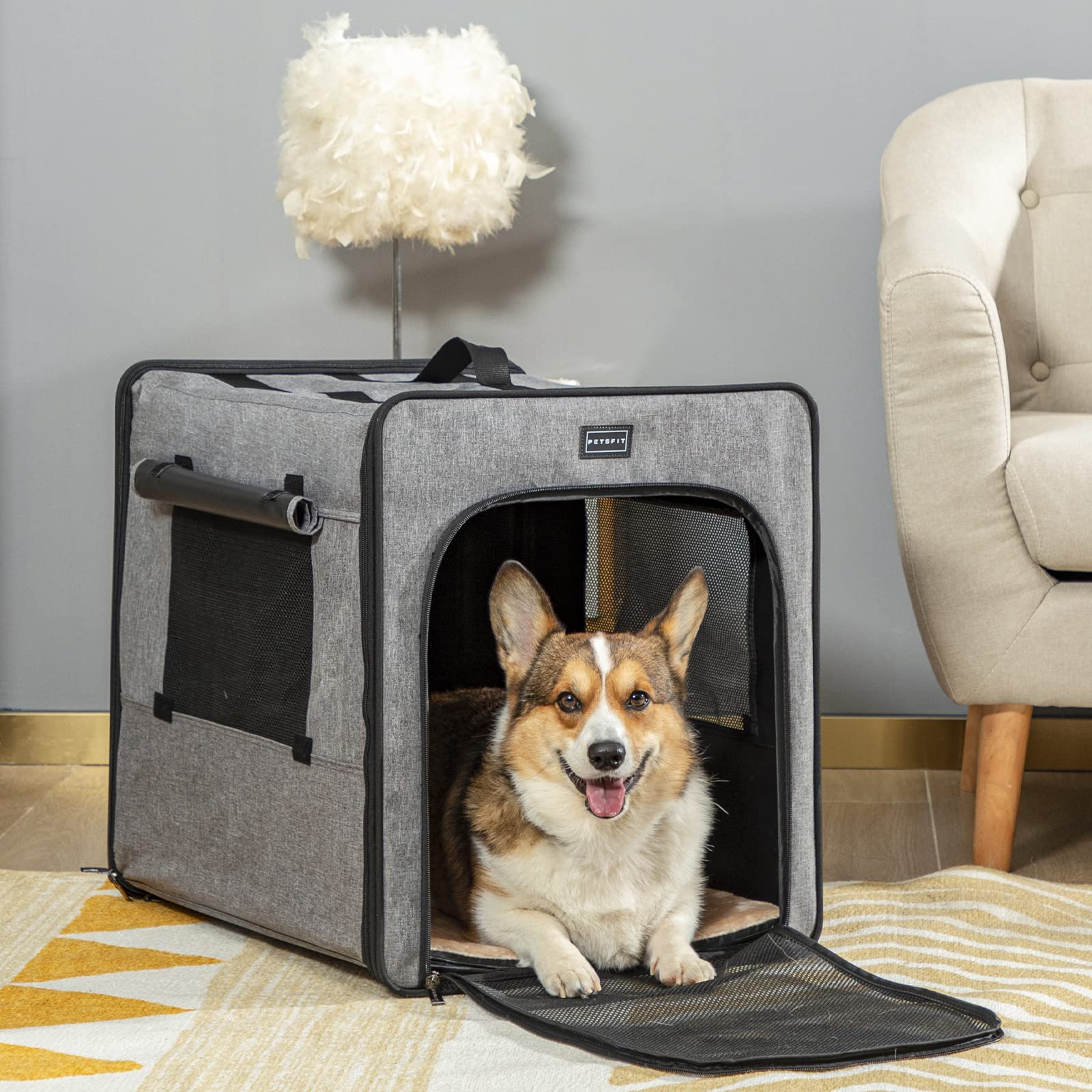 Petsfit Trasportino per Cani Portatile, con Cerniera Metallica Aggiornata per Prevenire La Fuga, Trasportino per Animali Morbido con Cuscino, grigio sicuro, 61x46x53.5cm