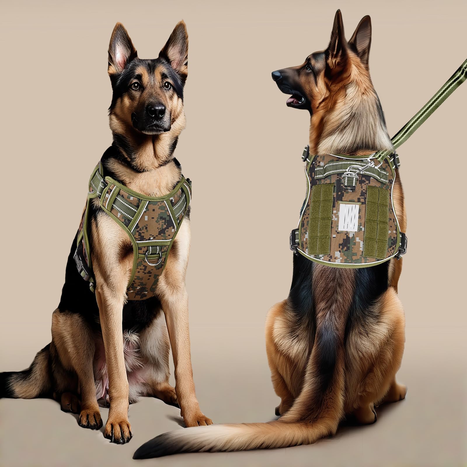 HEELE Arnés táctico para Perro, con Panel Molle, arnés para Perros pequeños, sin tirones, arnés Reflectante Acolchado Ajustable con asa para Entrenamiento y Caminar, Camo Verde, XL