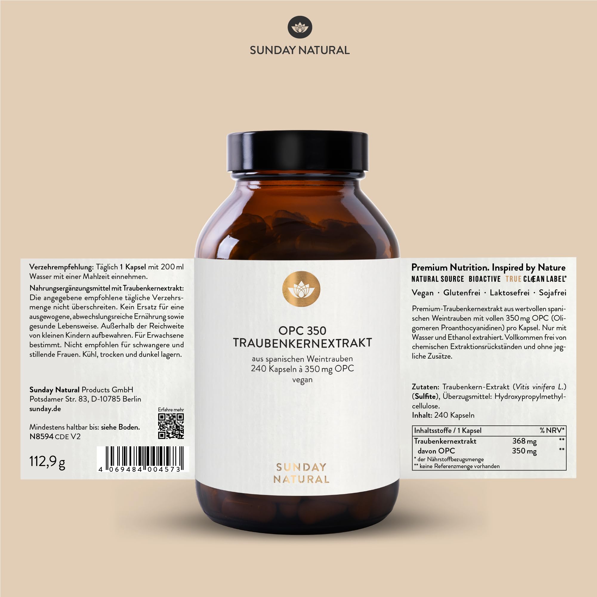SUNDAY NATURAL® OPC Traubenkernextrakt – 240 Kapseln mit 95% reinem O.P.C. je Kapsel – Höchster OPC Gehalt nach UPLC – aus spanischen Weintraube – Laborgeprüft in Deutschland, vegan