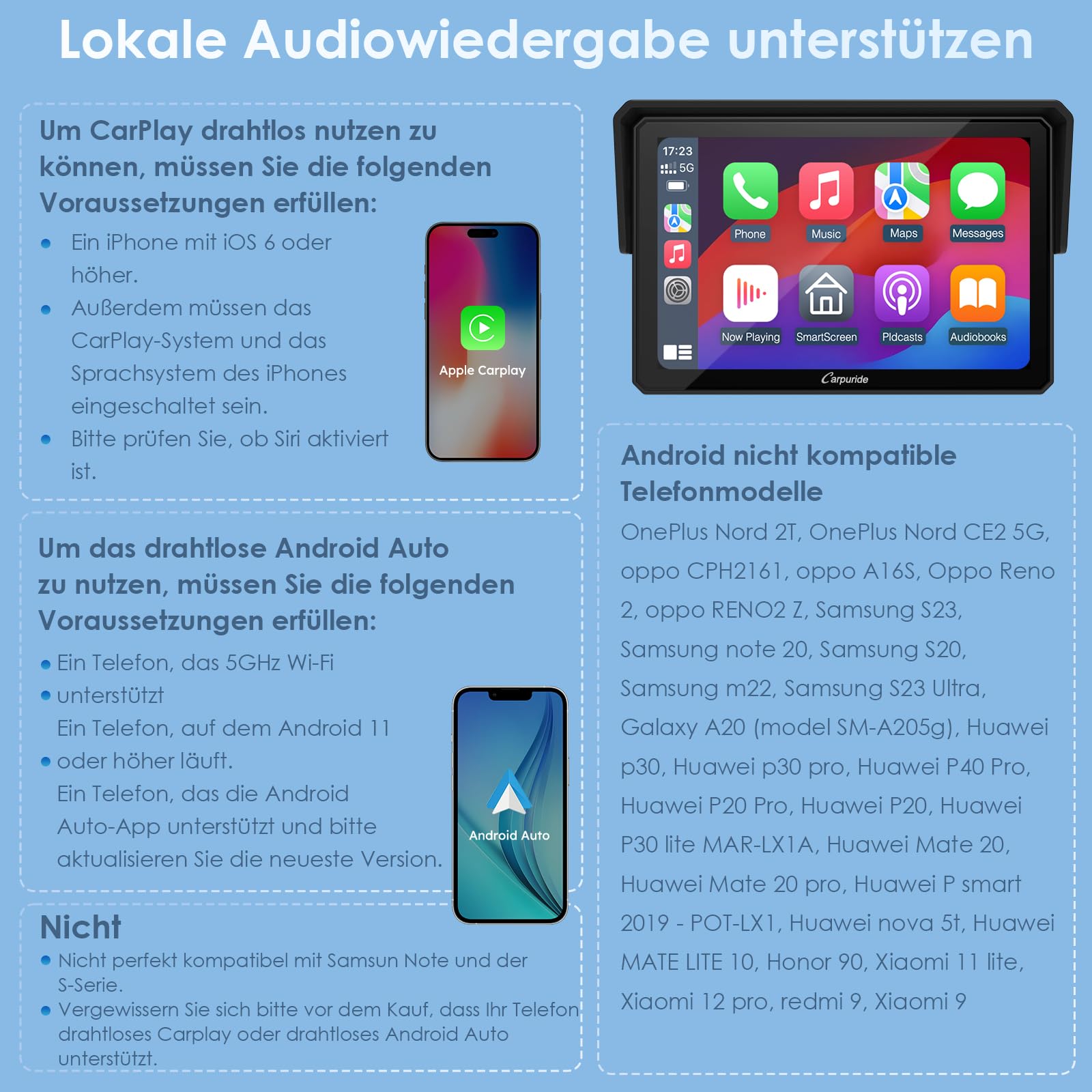 Carpuride W502 Motorrad-Carplay und Android Auto, IP67 Wasserdichtes Tragbares Autoradio, 5-Zoll-IPS-Touchscreen, Navigation/Siri für Motorräder