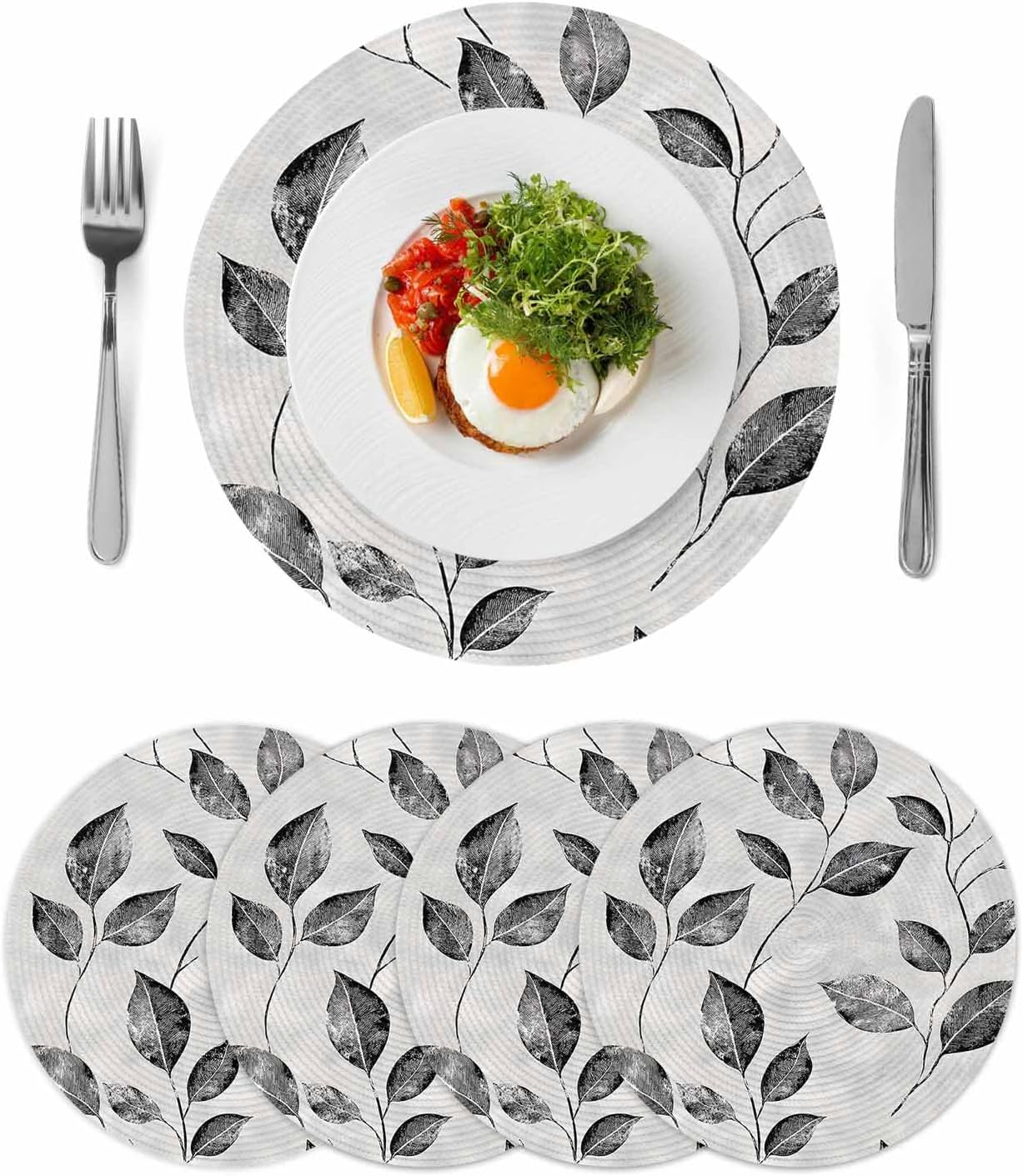 Grey Black Leaves Round Placemats Set of 4 Spring Retro Botanical Branches Place Mats Indoor Woven Table Mats Washable Heat-Resistance Braided Dining Table Placemats for Kitchen Holiday Decor 15 Inch