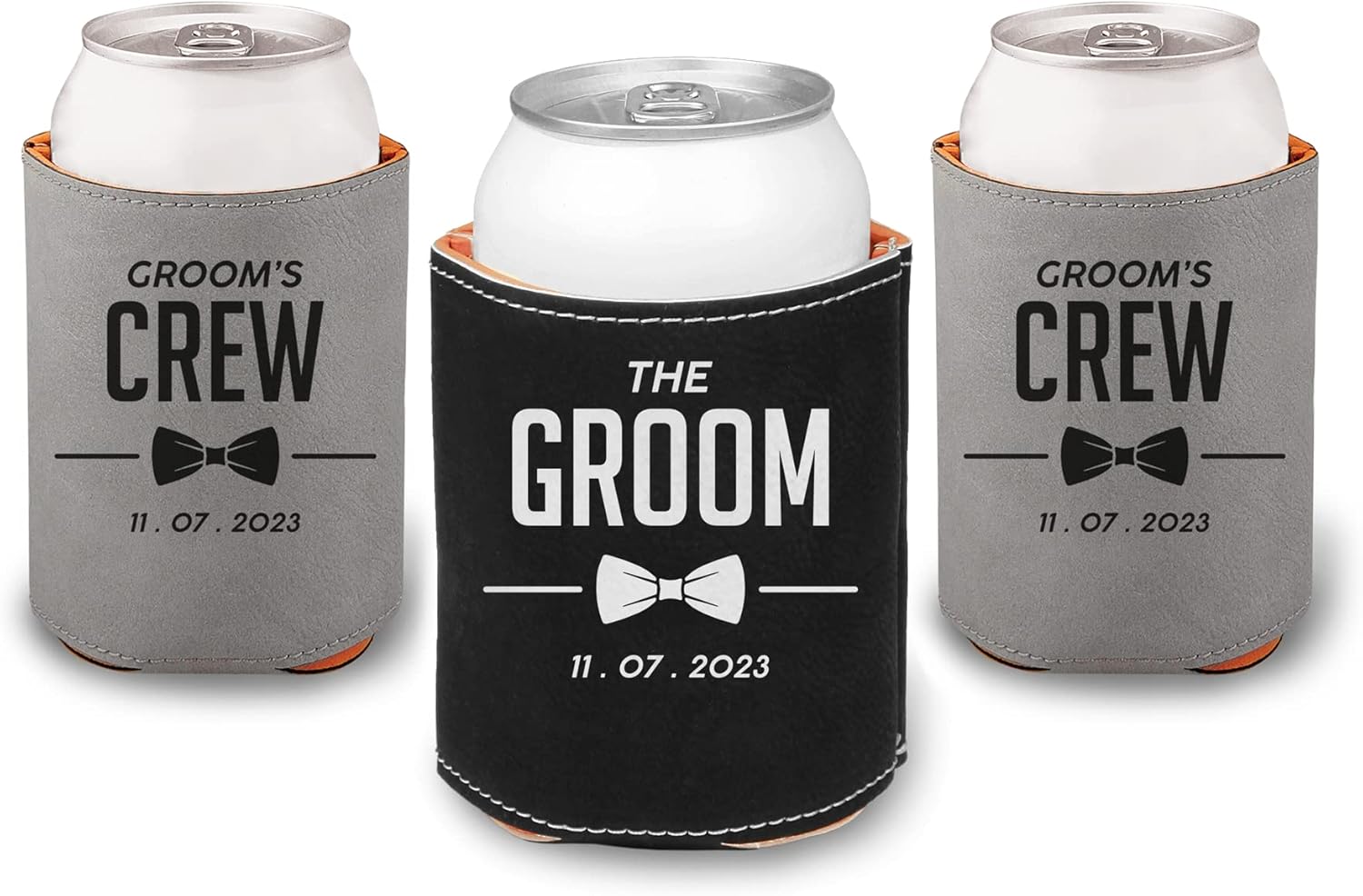 Groomsman Vegan Leather Can Cooler Personalized With Wedding Date, Groomsmen Gift, Gift For Him (6-Pack, The Groom, Mint/Black)