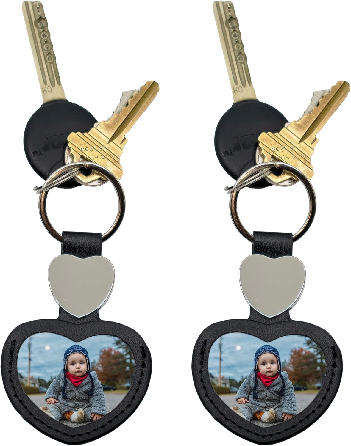 Stephanie Imports Set of 2 Faux Leather Heart Shaped Photo Keychains (Black)