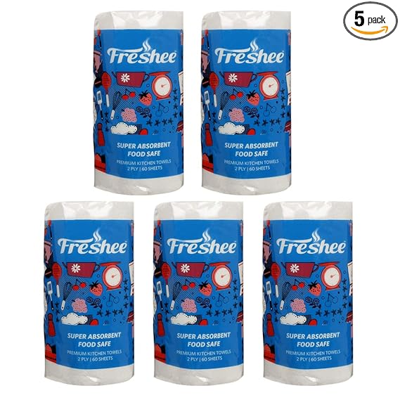 Freshee 60 Sheet Kitchen Towel Tissue Paper Pack Of 5, Hygienic Fresh Environment Friendly Water Dissolvable Disposable Dry Tissue Roll Made With 100% Virgin Fibre