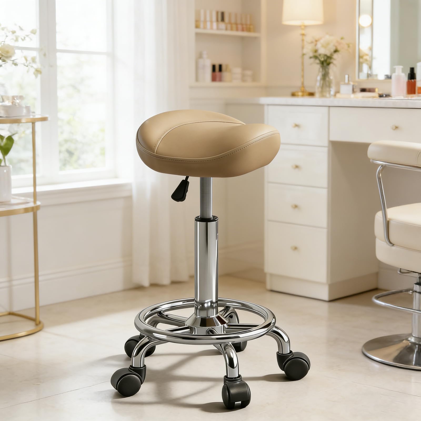 Saddle Stool with Wheels, Adjustable Rolling Stool Chair with Back Support, Ergonomic PU Leather Saddle Chair for Salon, Massage, Tattoo, Medical, Spa, Office (Khaki, 1PCS)