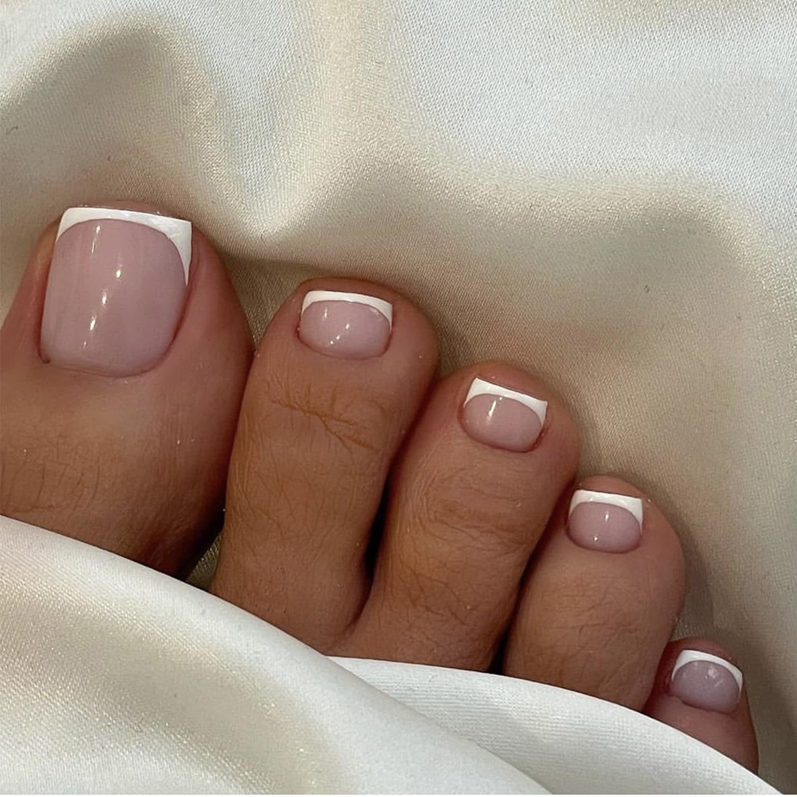 French Tip False Toenails, Press On Toe Nails Short, 12Sizes Square Acrylic Fake Nails, Nude Pink White French Toe Nail Tips