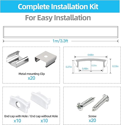 Miniatura 2 de Tiianmai Paquete de 10 canales de aluminio LED en forma de U de 3.3 pies con cubierta difusora blanca lechosa, clips de montaje y tapas finales,