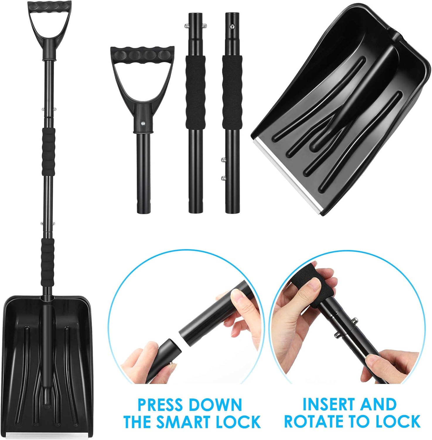 review CLISPEED Portable Snow Shovel with D-Grip Handle for Car Truck Camping and Other Outdoor Activities (Black)