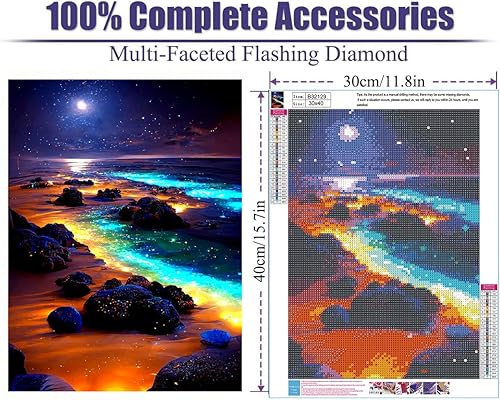 Miniatura 2 de Yunnuo Kits de pintura de diamantes de playa para adultos, pintura de diamante de luna 5D, kit de gemas de pintura de paisaje, paisaje de luna de