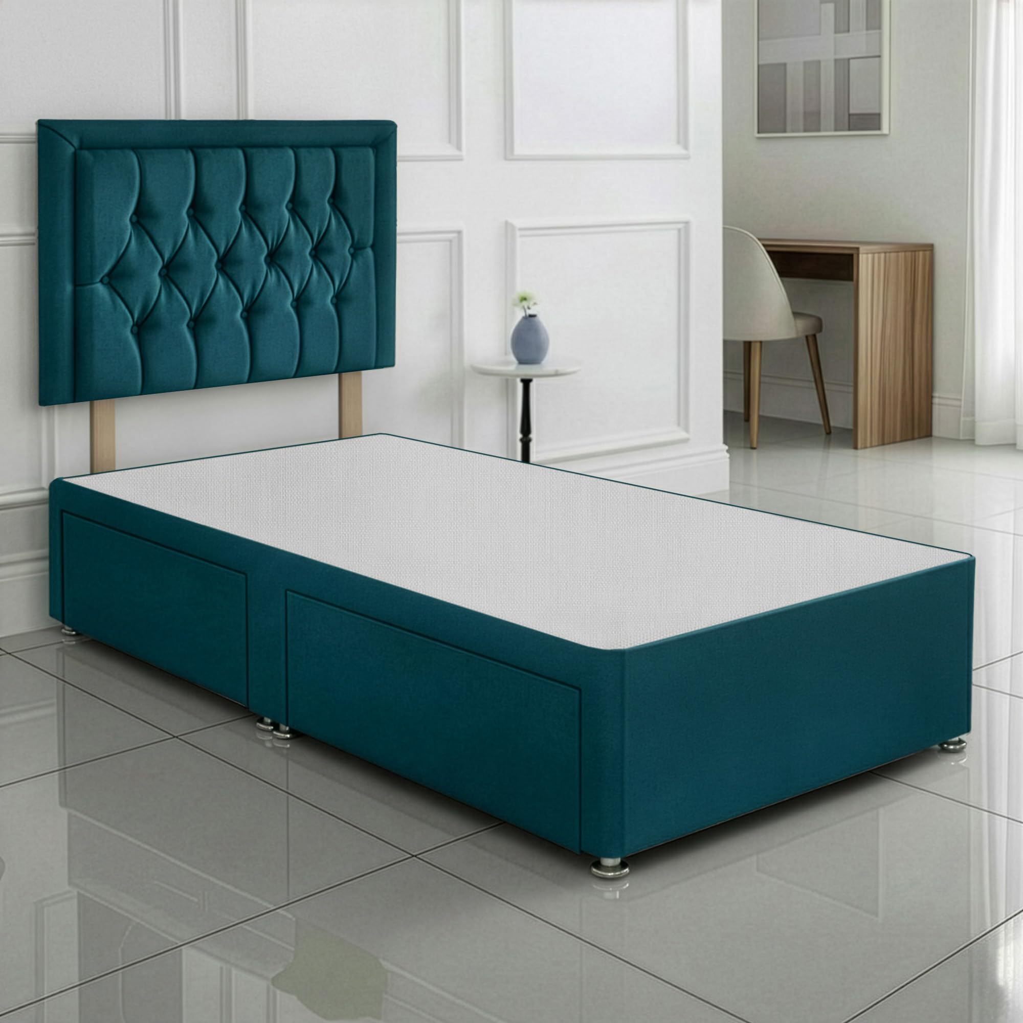 SANA SLEEP Reinforced Single Size Bed Set – 3FT Jade Linen Divan with Anti-Slip Fabrics and Stylish Headboard – Quality Craftsmanship Made in the UK