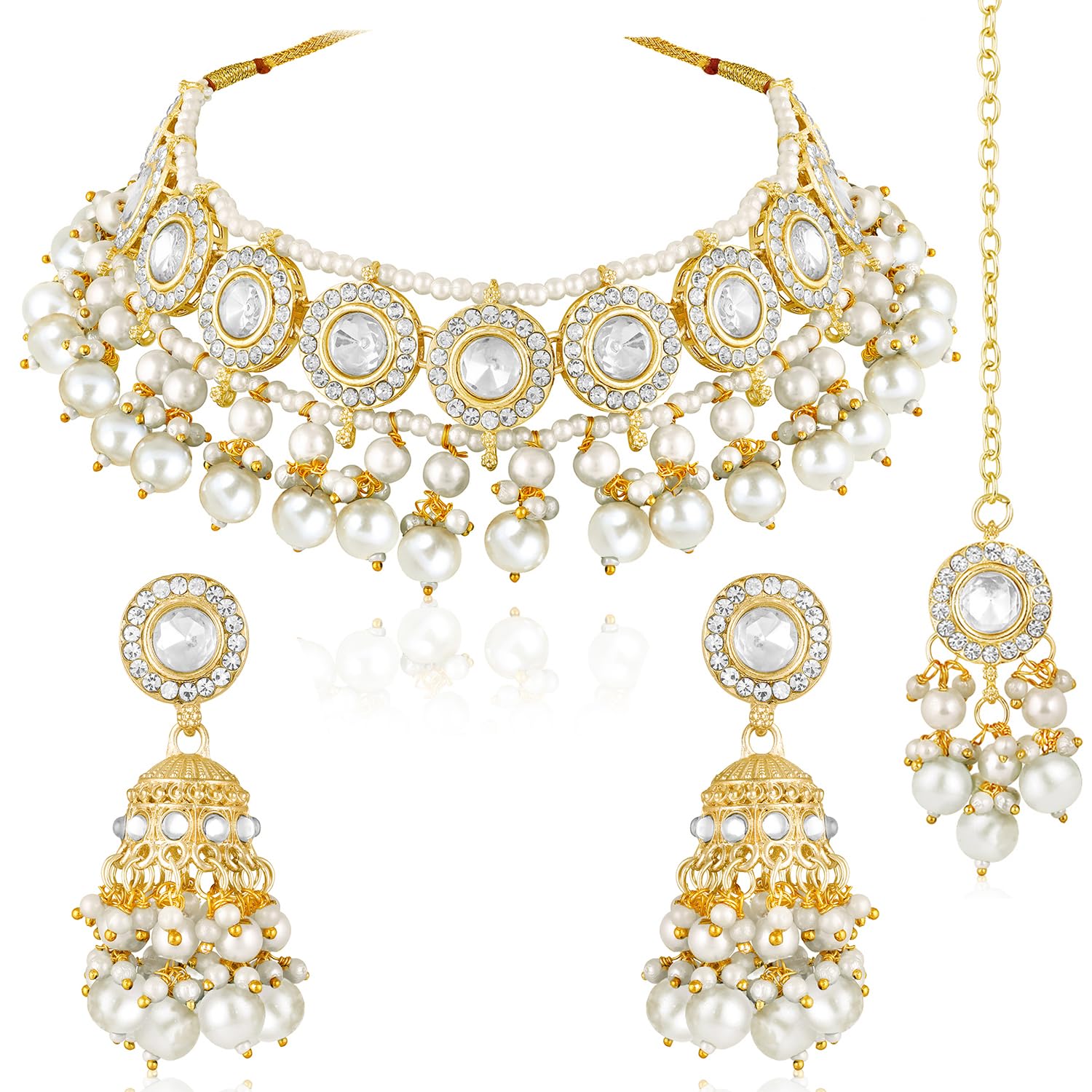 Aheli Green White Crystal & Beads Studded Necklace Dangle Earrings Maangtikka Ethnic Jewellery Set Gift for Women