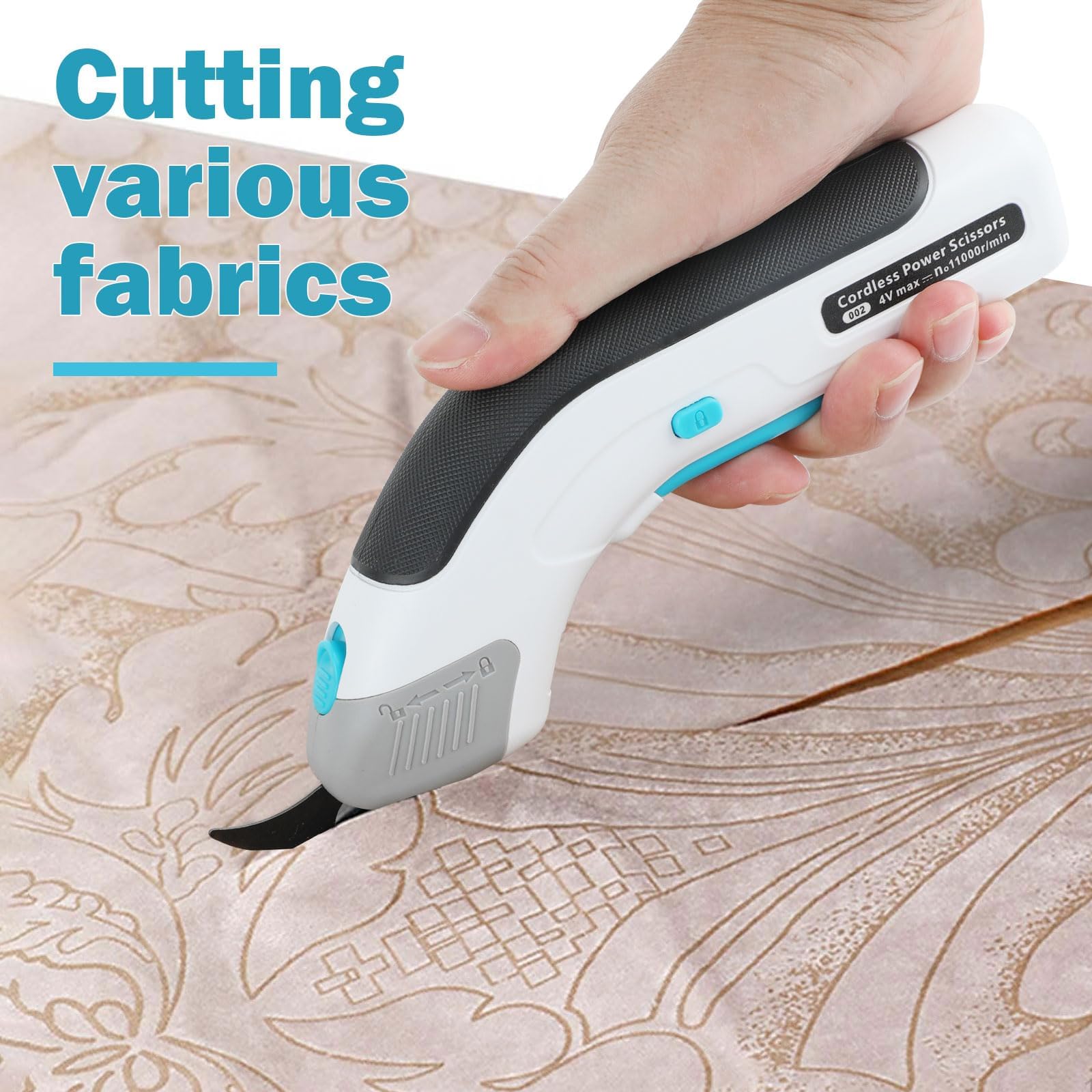 VOBOR Ciseaux Electrique Tissu Couture, Sans Fil USB Rechargeable, Têtes de Coupe en Acier Tungstène, 2000 Mah Lithium Batterie, Cutter pour Papier Carton Moquette Cuir Feutre