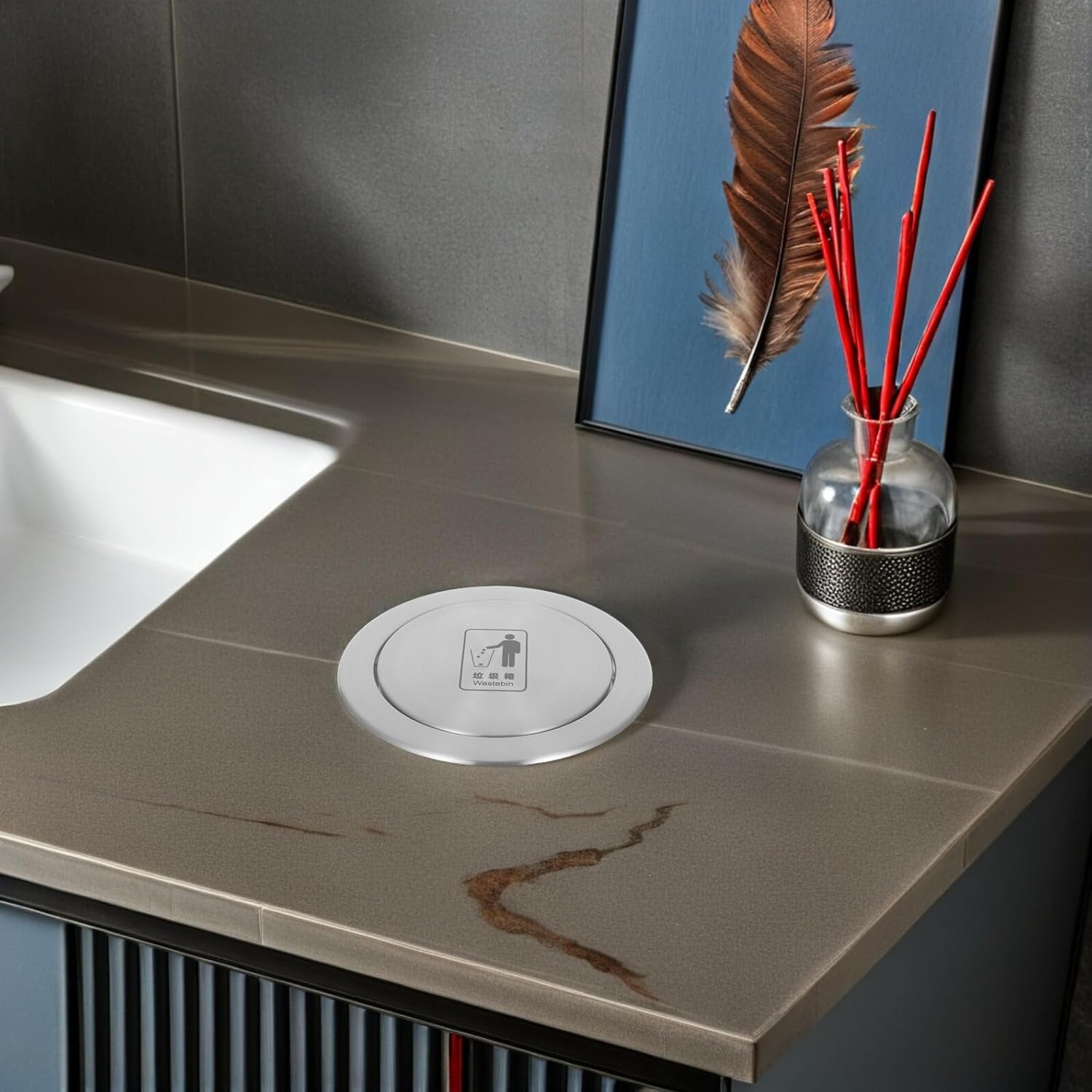 Stainless Steel Recessed Trash Can Lid with Swing Cover, round Kitchen and Bathroom Countertop Trash Bin Lid, Built-in Garbage Can Cover for Home Use