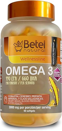 Betel Natural Aceite de Pescado Omega 3 Premium EPA/DHA Aceite de Pescado - 90 Cápsulas Blandas