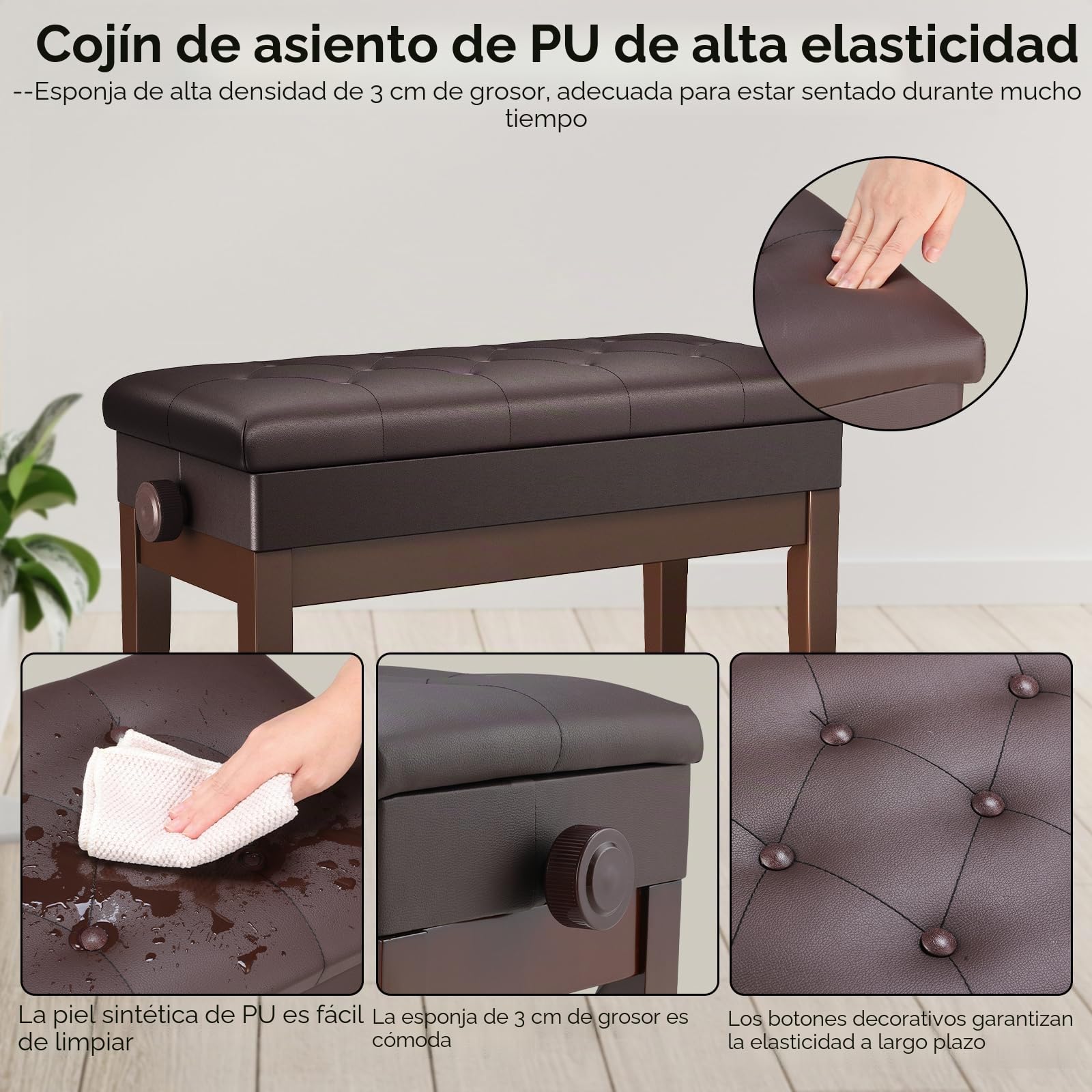 MAMIZO Banqueta Piano Regulable Altura 72x33x58CM, Banco Piano con Espacio Almacenamiento, Silla Piano, Banqueta Piano Carga Máxima 200KG, 4 PCS Patas Piano Madera Maciza, Marrón Oscuro