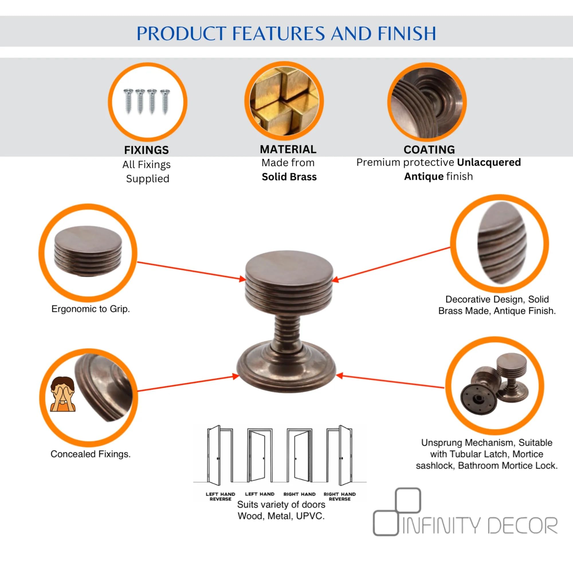 Infinity Decor Ribbed Design Antique Mortice Round Door Knobs unsprung Pull Handles Set 60mm - Ideal for Interior & Exterior Use - Image 4