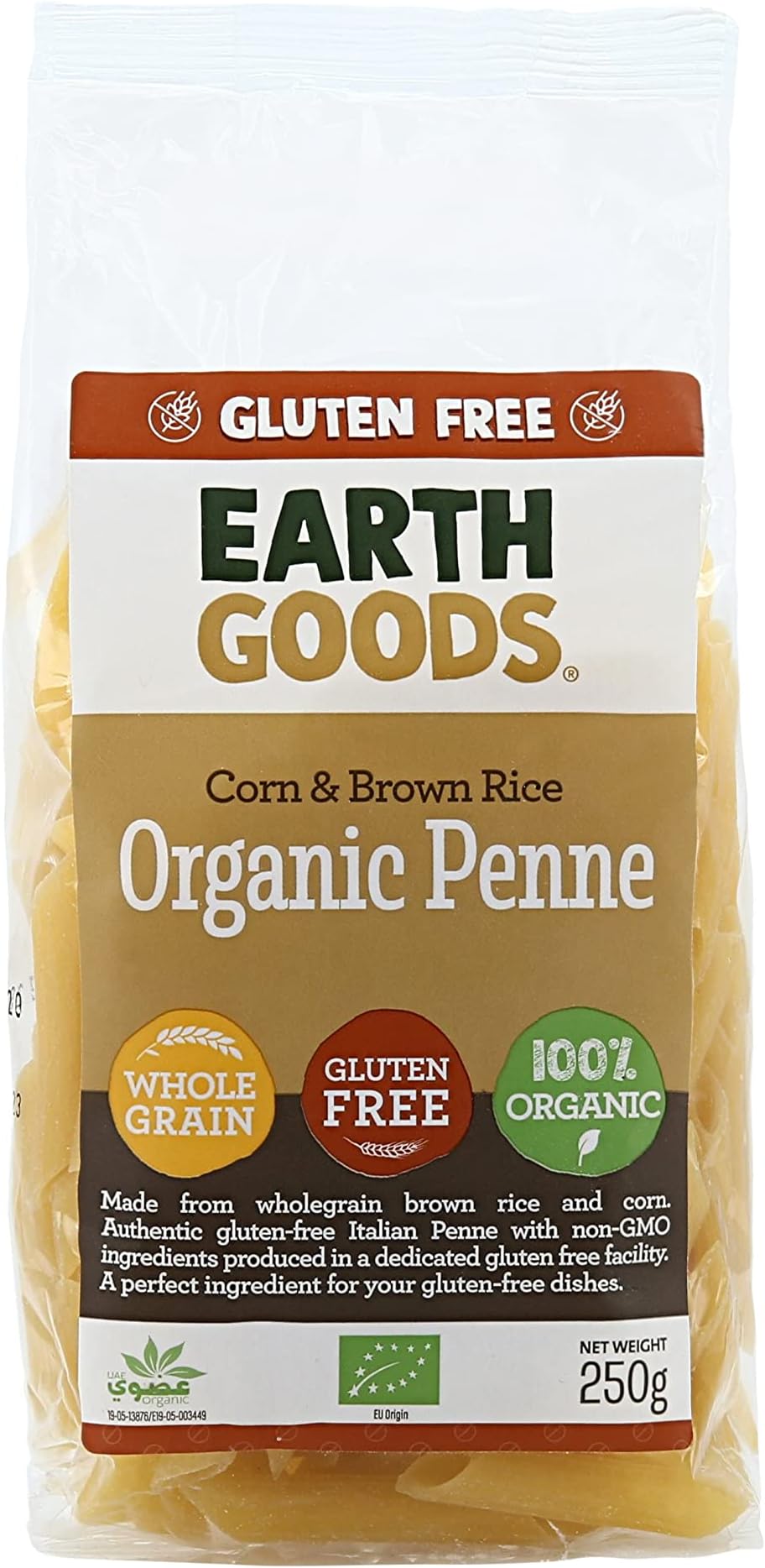 Earth Goods Organic Whole Grain Penne Gluten-Free Pasta - Non-GMO, Corn & Brown Rice, 250g