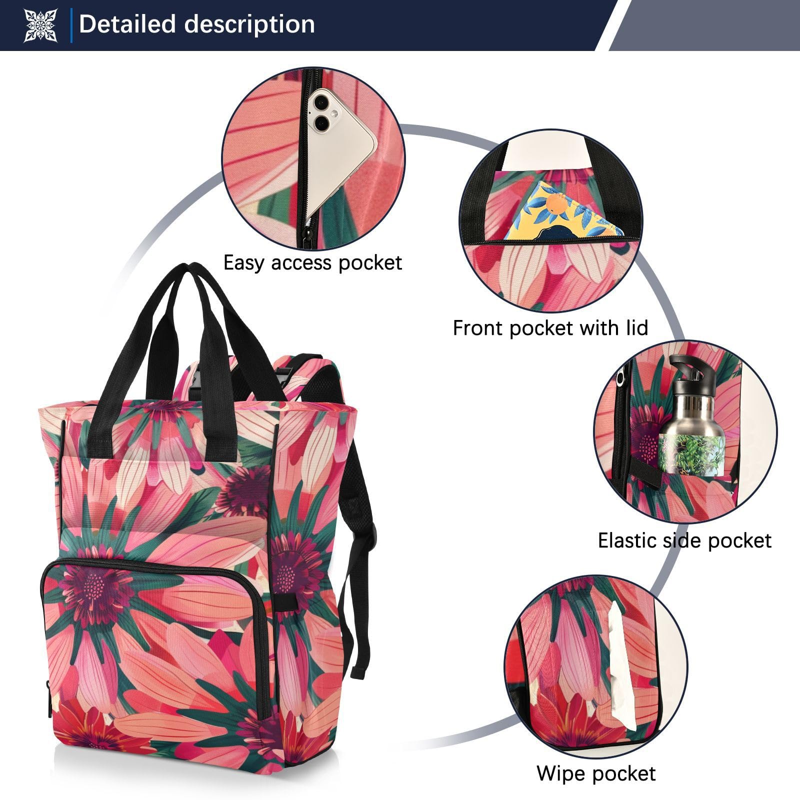 Borsa per pannolini zaino da donna fiori vivaci rosso