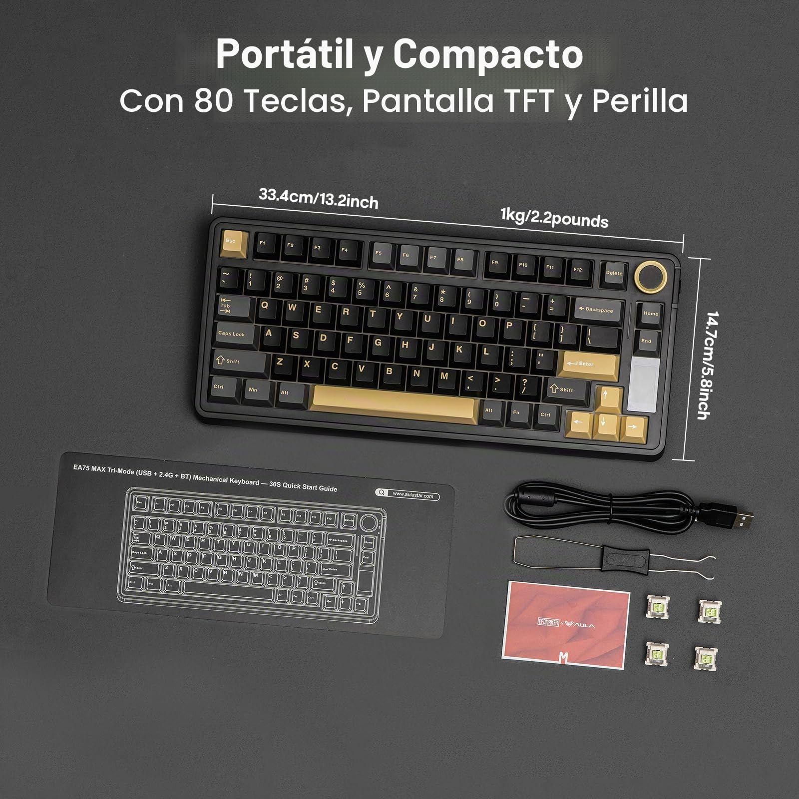 EPOMAKER X Aula EA75 MAX Teclado Mecánico Inalámbrico para Juegos con Pantalla y Perilla, 5000mAh, Hot-Swap, RGB, Teclas PBT,Gasket Suave, Teclado Mecánico del 75%,Formato US (Negro, Silent Switch)