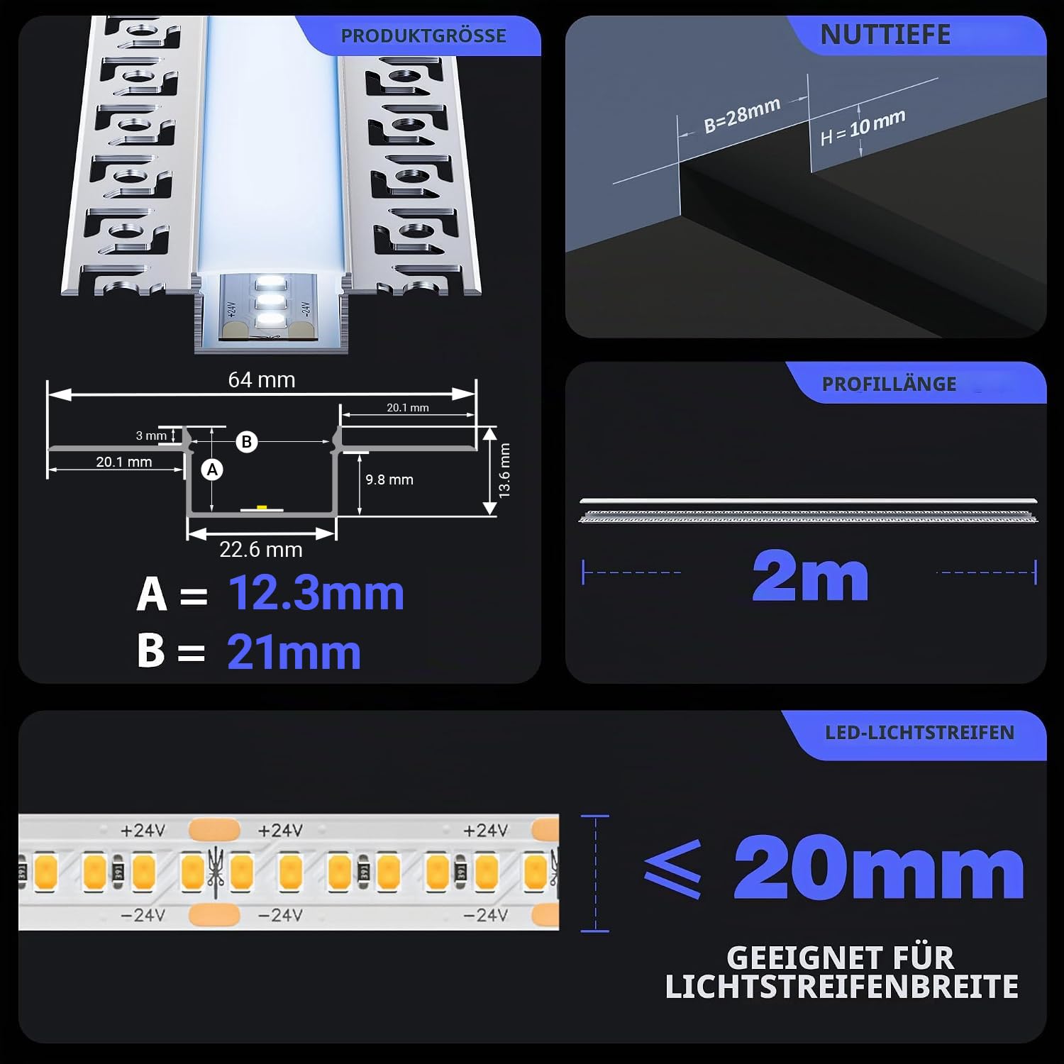 Profil aluminiowy do taśm LED, 2 m x 15 sztuk, 30 m, z matową pokrywą, wymiary 28 mm x 13,8 mm (otwór 64,2 mm), obsługuje taśmy LED o szerokości nieprzekraczającej 20,2 mm SP44