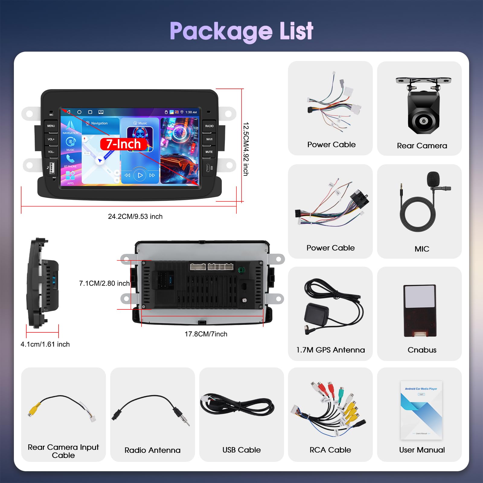Autoradio 4+64G Android 15 per Dacia Logon Duster Captur Sandero Symbol Lodgy LadaXray, 1 DIN 7'' Stereo Radio Bluetooth 5.0 IOS Carplay Android Auto Radio EQ GPS WiFi Supporto DAB