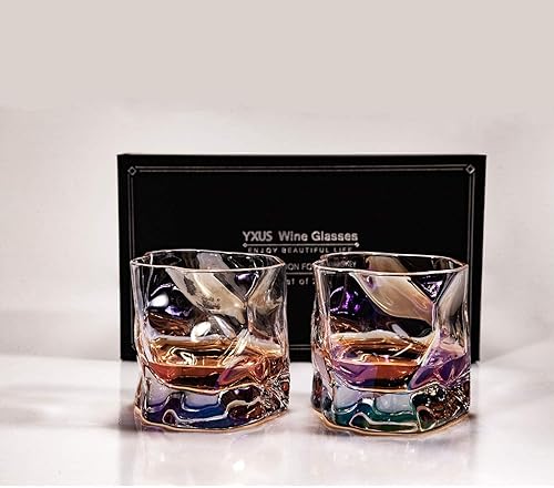 Miniatura 3 de Juego de 2 vasos de whisky a la antigua, vasos de roca coloridos de 10 onzas con 2 posavasos, juego de vasos de whisky para pareja, diseño fresco de