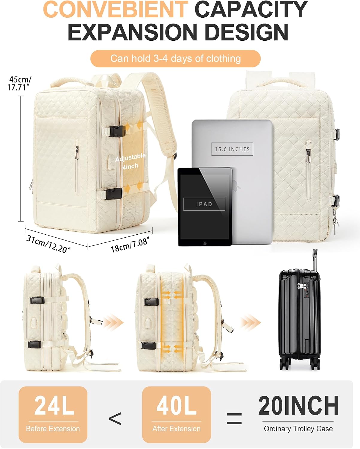 Mochila de viagem grande para mulheres e homens, aprovada como bagagem de mão para avião, tamanho de item pessoal, mochila de trabalho e viagem com compartimento para sapatos, bege Mochila de viagem grande para mulheres e homens, aprovada como bagagem de mão para avião, tamanho de item pessoal, mochila de trabalho e viagem com compartimento para sapatos, bege