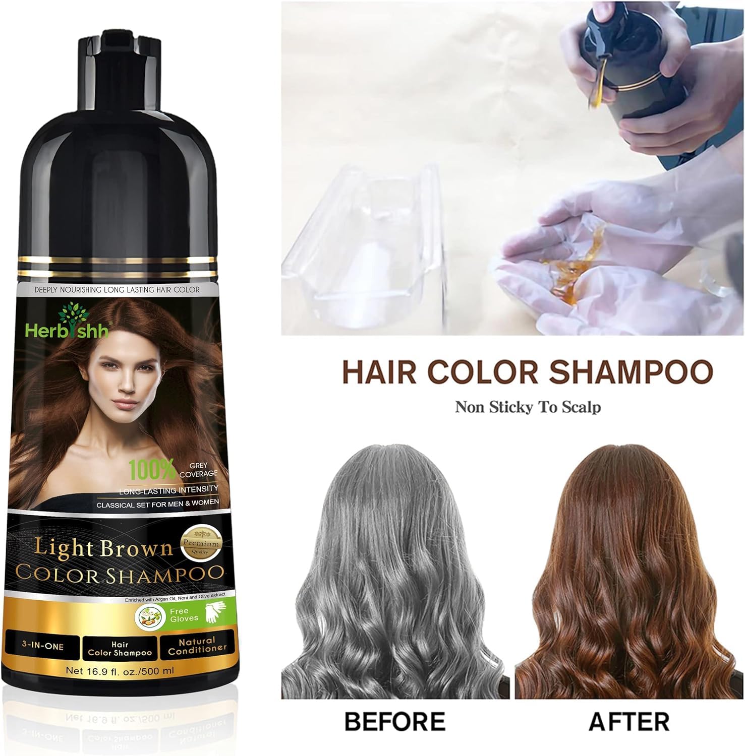 Herbishh Hair Color Shampoo For Gray Hair – Light Brown Hair Dye Shampoo 3 In 1 – Tinte Champu Para Canas Mujer - Hair Color Shampoo For Men & Women, Ammonia Free 500 Ml + Color Stain Remover
