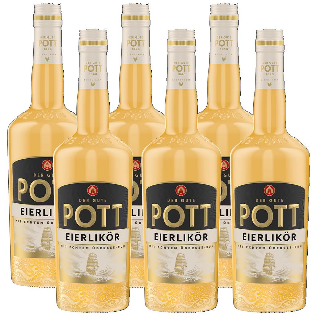POTT Eierlikör (6x07l) 16% vol inkl. 2 Gläser GRATIS - Mit echtem Übersee Rum - Weich, aromatisch, mit feiner Vanillenote, zum Backen, für sahnige Cocktails oder pur genießen, laktosefrei