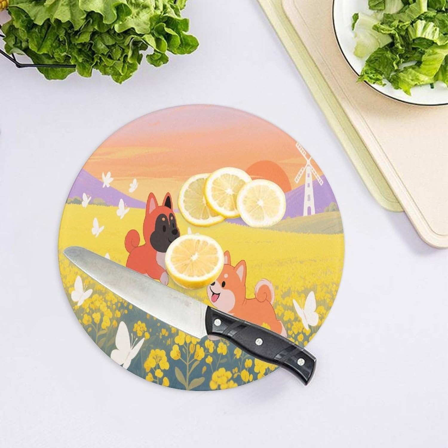 Spring Dog Butterfly Tempered Glass Cutting Board Sturdy Chopping Block Personalized Large Butcher Block Lightweight Round Chopping Mat for Kitchen Non Slip