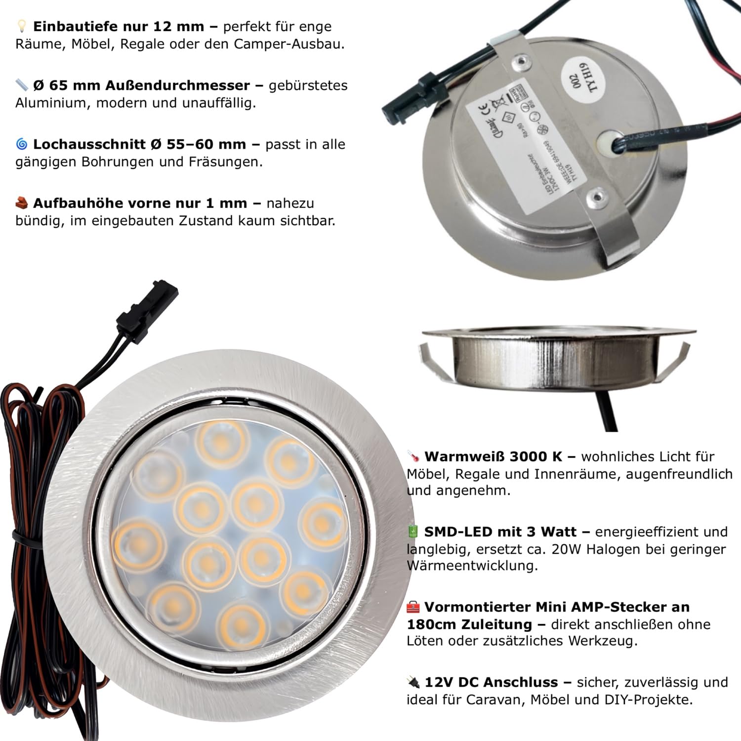 3er Set: Flache LED Möbelleuchten Einbauspots in der Farbe Edelstahl gebürstet, 3W, warmweiß (3000K), 200lm, 12V, 15W LED Trafo 230V. Für Wohnzimmer, Küche und Bad. Plug-and-Play-System.