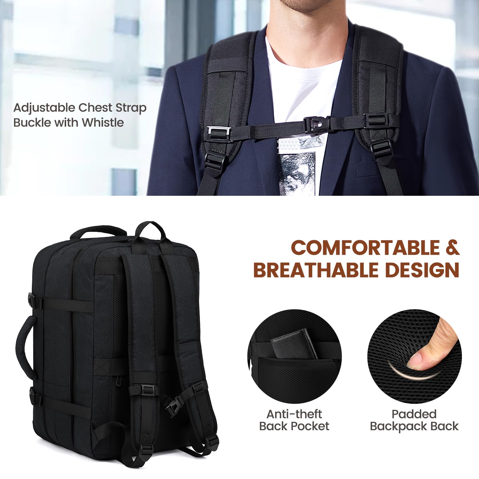 LOVEVOOK Sac à Dos Cabine Grand 30L Antivol Voyage Avion Bagage à Main Homme Femme Ordinateur Portable 15.6 Pouces Résistant Aux Éclaboussures Noir