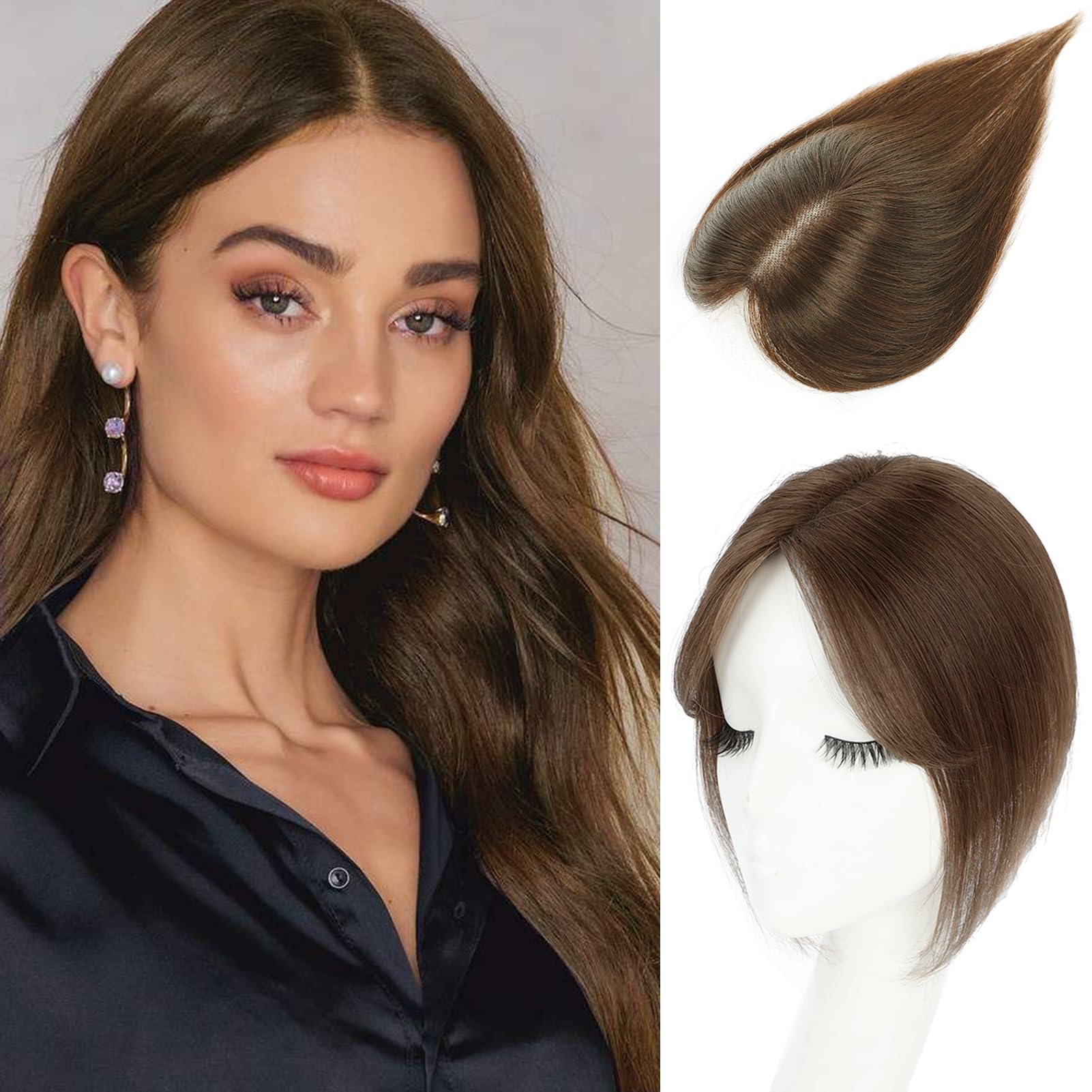 18-Inch Medium Brown Straight Hair Toppers with 3 Clip-in Extensions for Women Thinning Hair Piece-image-33