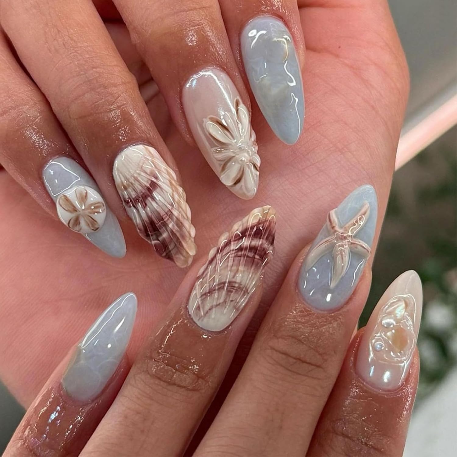 Handmade Press on Nails Medium Almond OFDNE Fake Nails Ocean False Nails with Designs 3D Starfish Shell Pearls Blue Glossy Glue on Nails Handmade Nails Acrylic Nails for Women Girls 24 Pcs A1