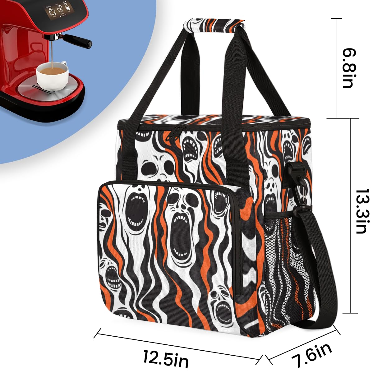 Fantastic Spooky Ghosts Coffee Maker Carrying Bag, Travel Storage Bag Compatible with K-Mini or K-Mini Plus, Single Serve Coffee Brewer Carrying Case with Multiple Pockets & Shoulder Strap